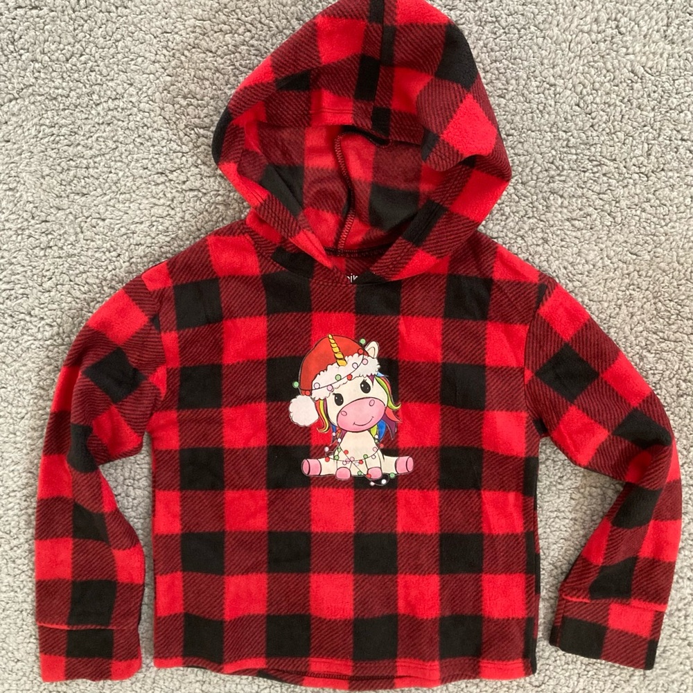Jumping Bean Light Fleece Unicorn Red Black Buffalo Plaid Kid’s Hoodie Size 6